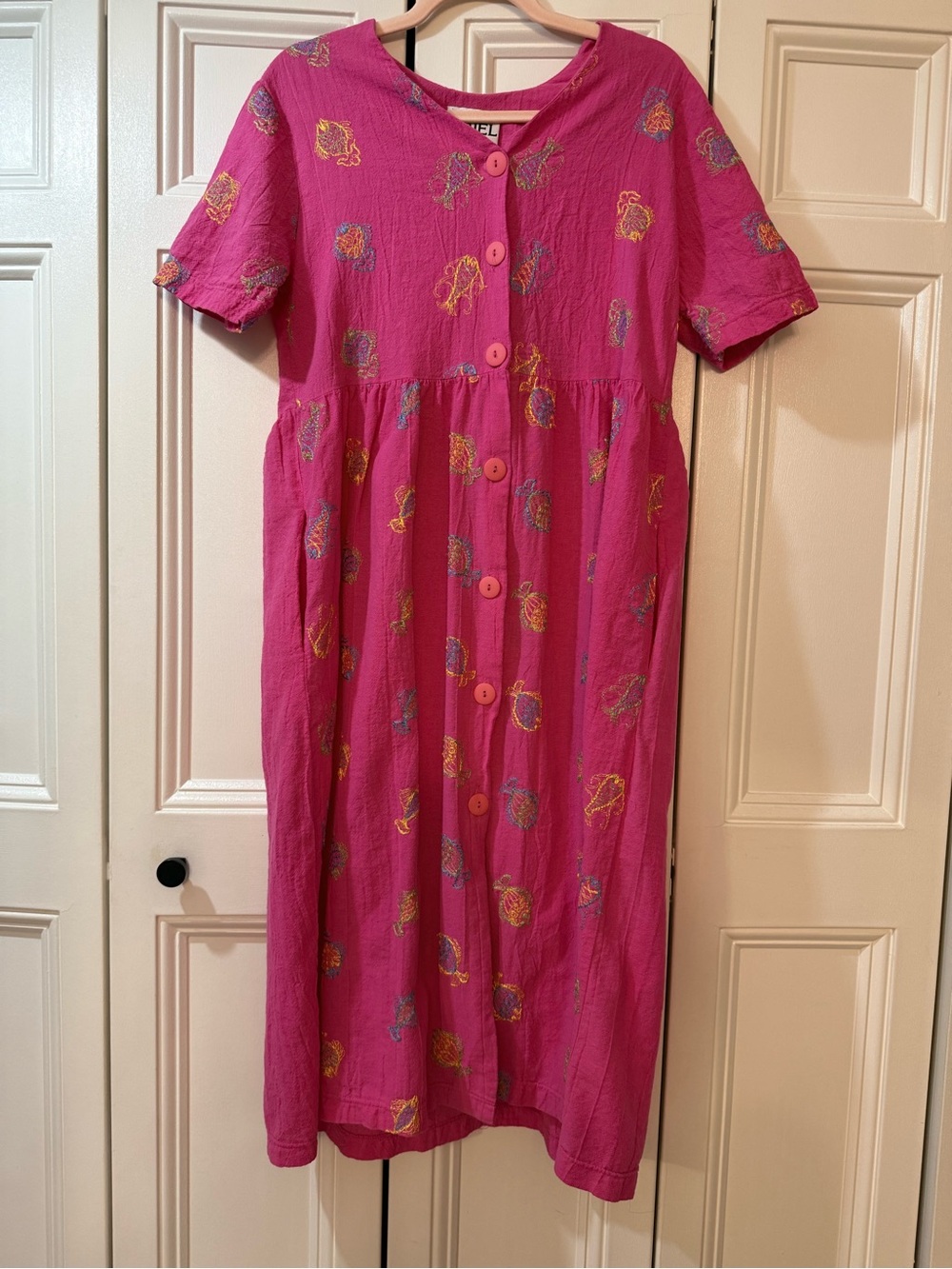 Vintage Button-Front Maxi Dress with Embroidered Accents